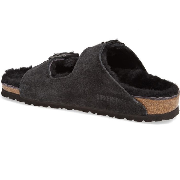 New Birkenstock Arizona Genuine Shearling Lined Slide Sandal 41/10 black Germany - Picture 2 of 2